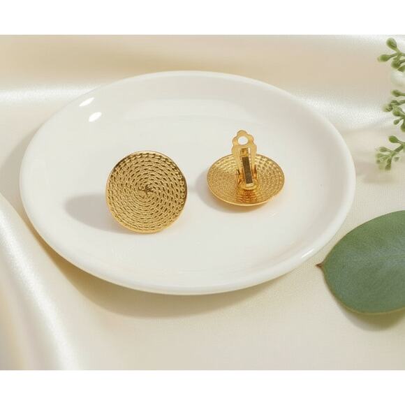 Clip on 1" textured gold thin round button style earrings - Picture 4 of 4